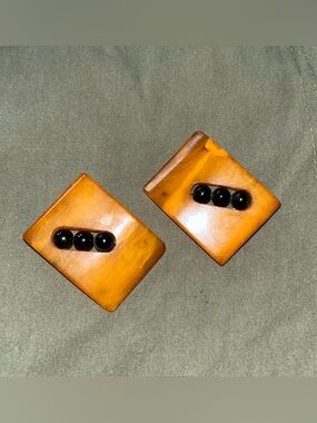 Vintage Art Deco Amber Bakelite Catalin Buckles With Black Beads Minimalist